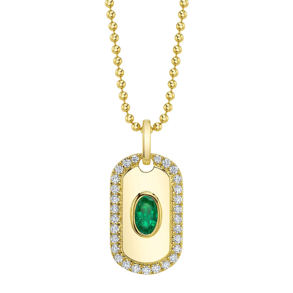 0.19CT DIAMOND & 0.21CT EMERALD OVAL DOG TAG BALL CHAIN NECKLACE