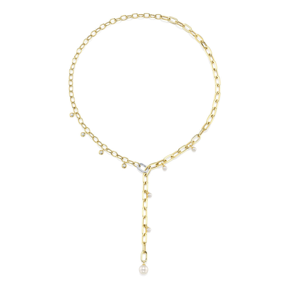 0.27CT DIAMOND & CULTURED PEARL BEZEL PAPER CLIP LINK NECKLACE