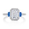 Emerald 3-Stone Engagement Ring with Blue Sapphires