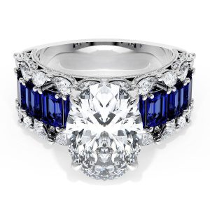 Oval Solitaire Engagement Ring w/ Emerald & Pear Band