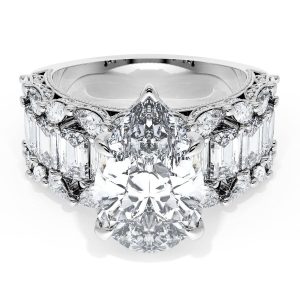 Pear Solitaire Engagement Ring w/ Emerald & Pear Band