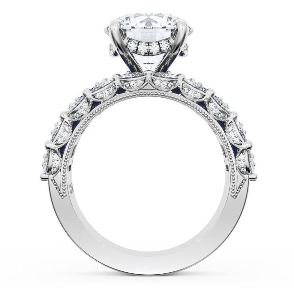 Round Solitaire Engagement Ring w/ Emerald & Pear Band - Image 2